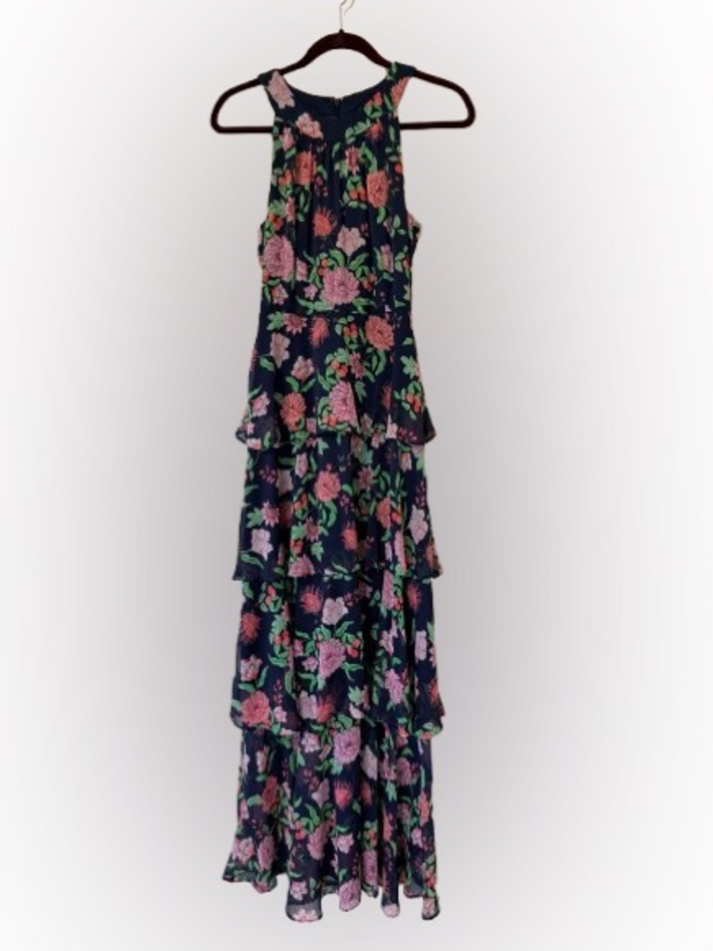 Tommy Hilfiger Floral Chiffon Tiered Maxi Dress Sleeveless Navy Pink Romantic